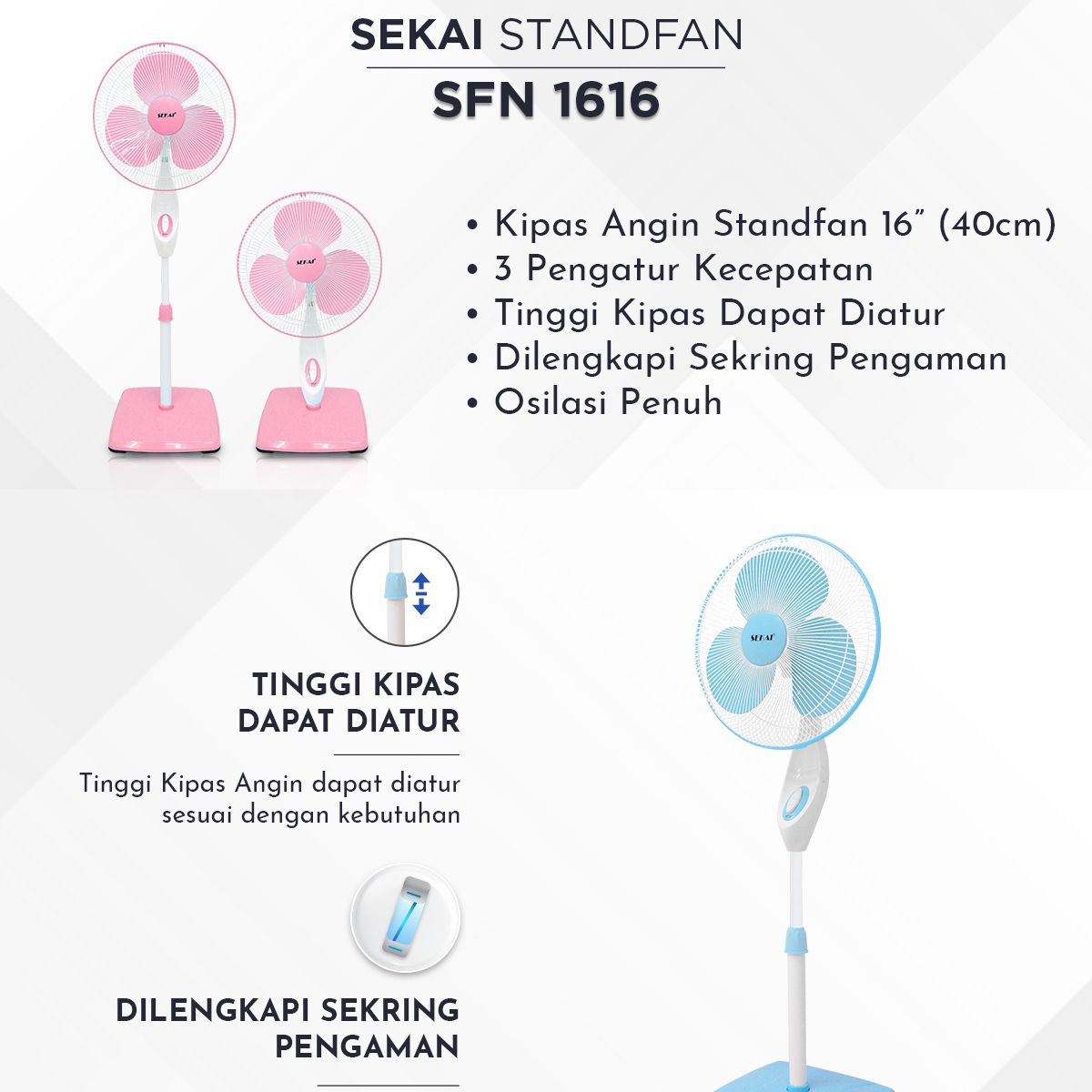 Sekai Kipas Angin Berdiri Stand Fan Pink 2in1 16 Inch - SFN 1616